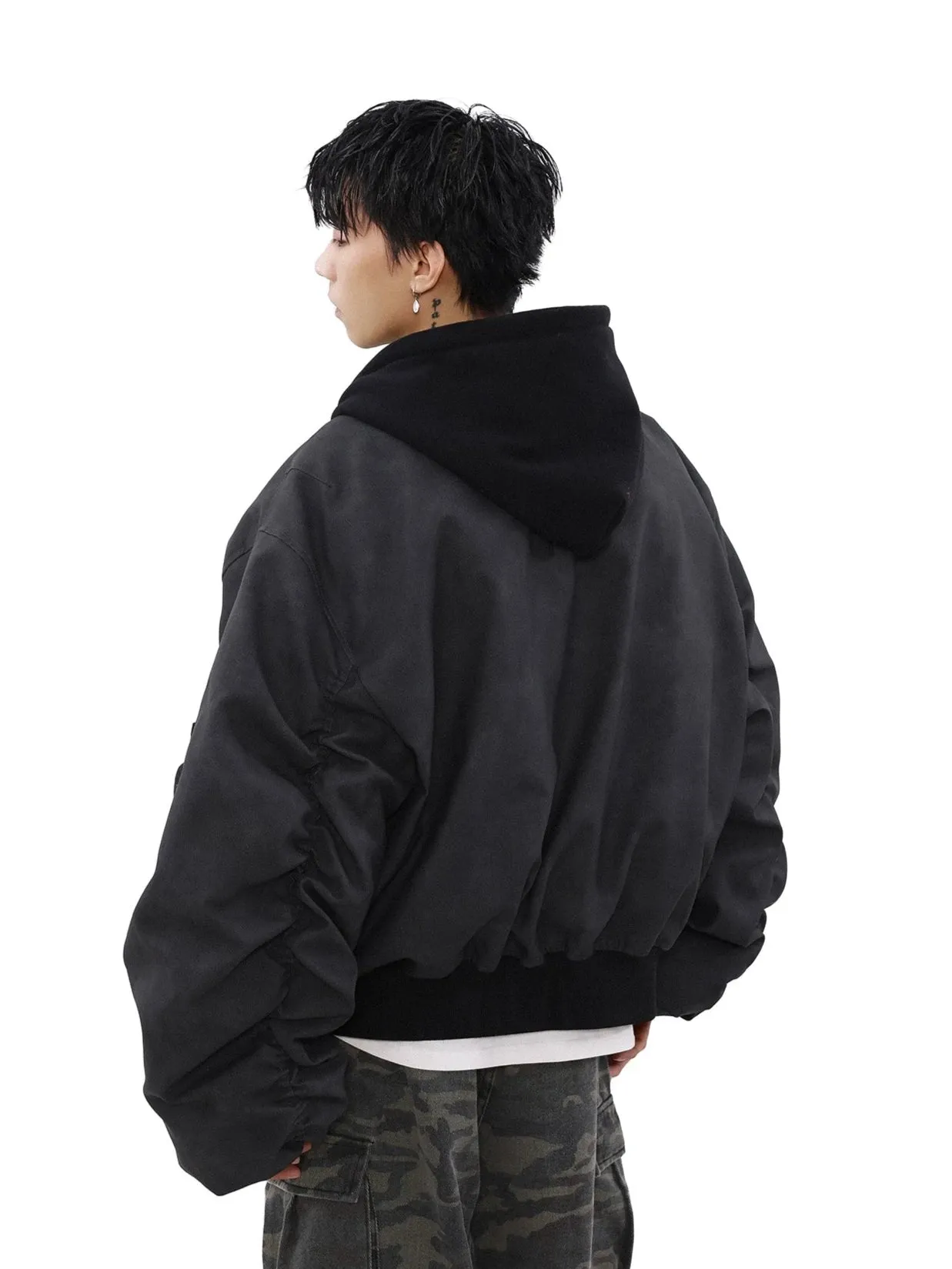 Oversized Vintage Washed Suede Bomber Jacket with Utility Pockets