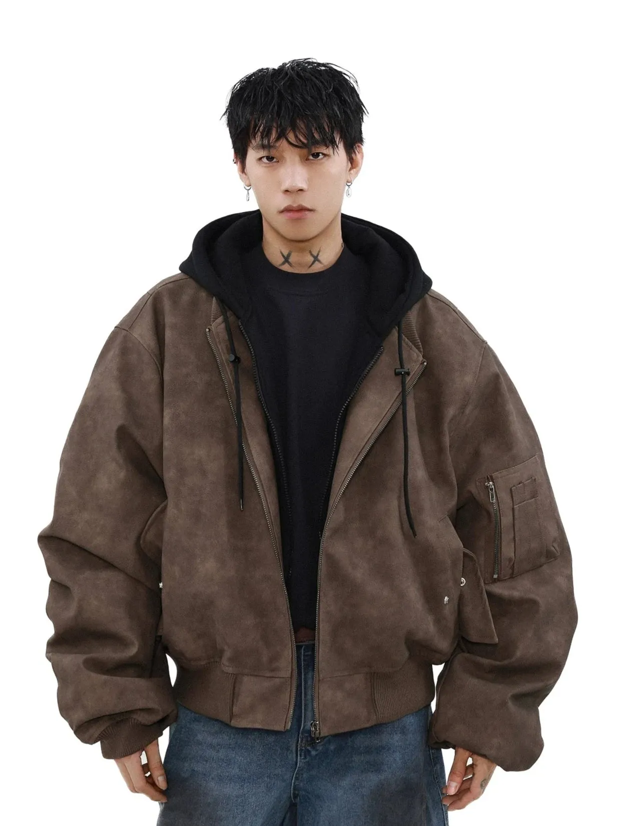 Oversized Vintage Washed Suede Bomber Jacket with Utility Pockets