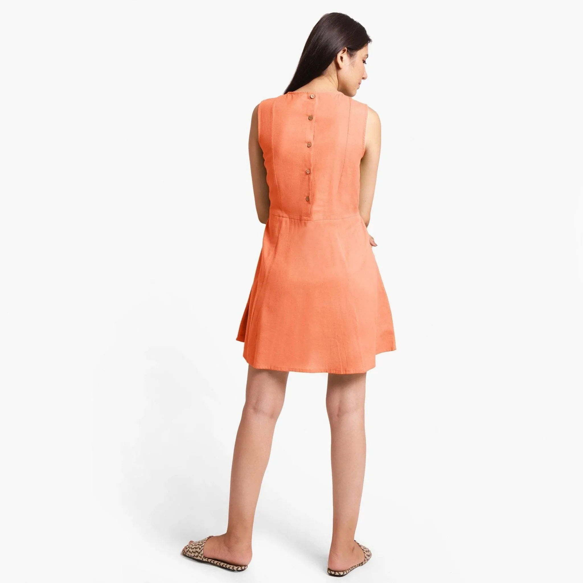 Peach Cotton Flax Princess Line Short Dress