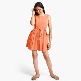 Peach Cotton Flax Princess Line Short Dress