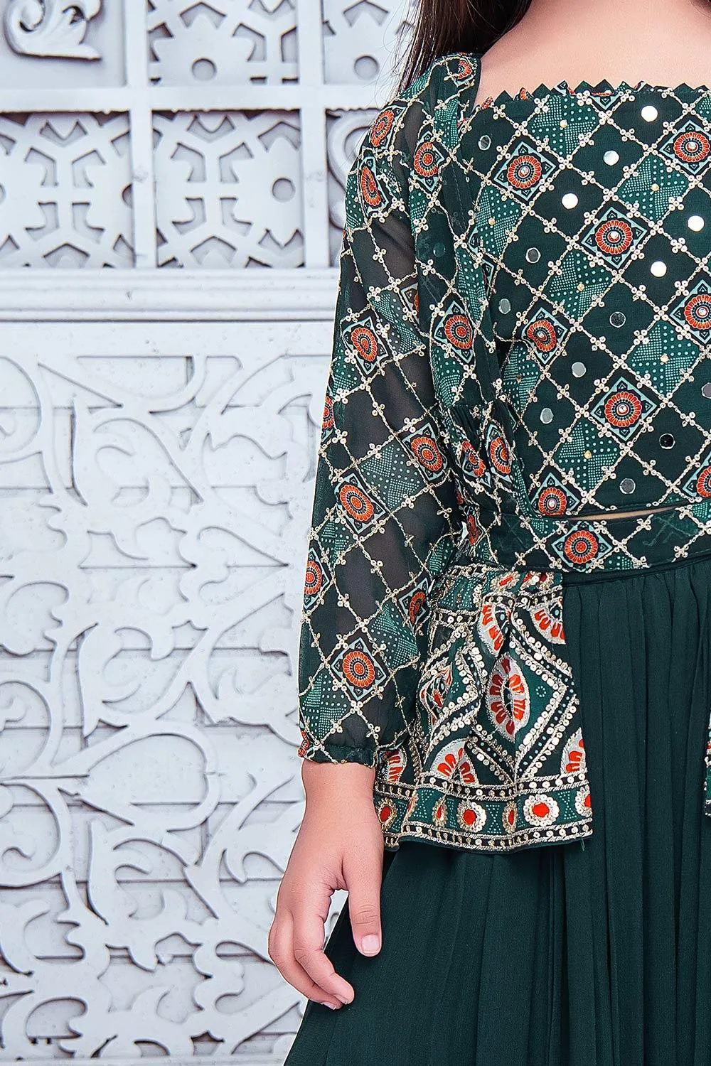 Premium forest green palazzo set with shrug and belt
