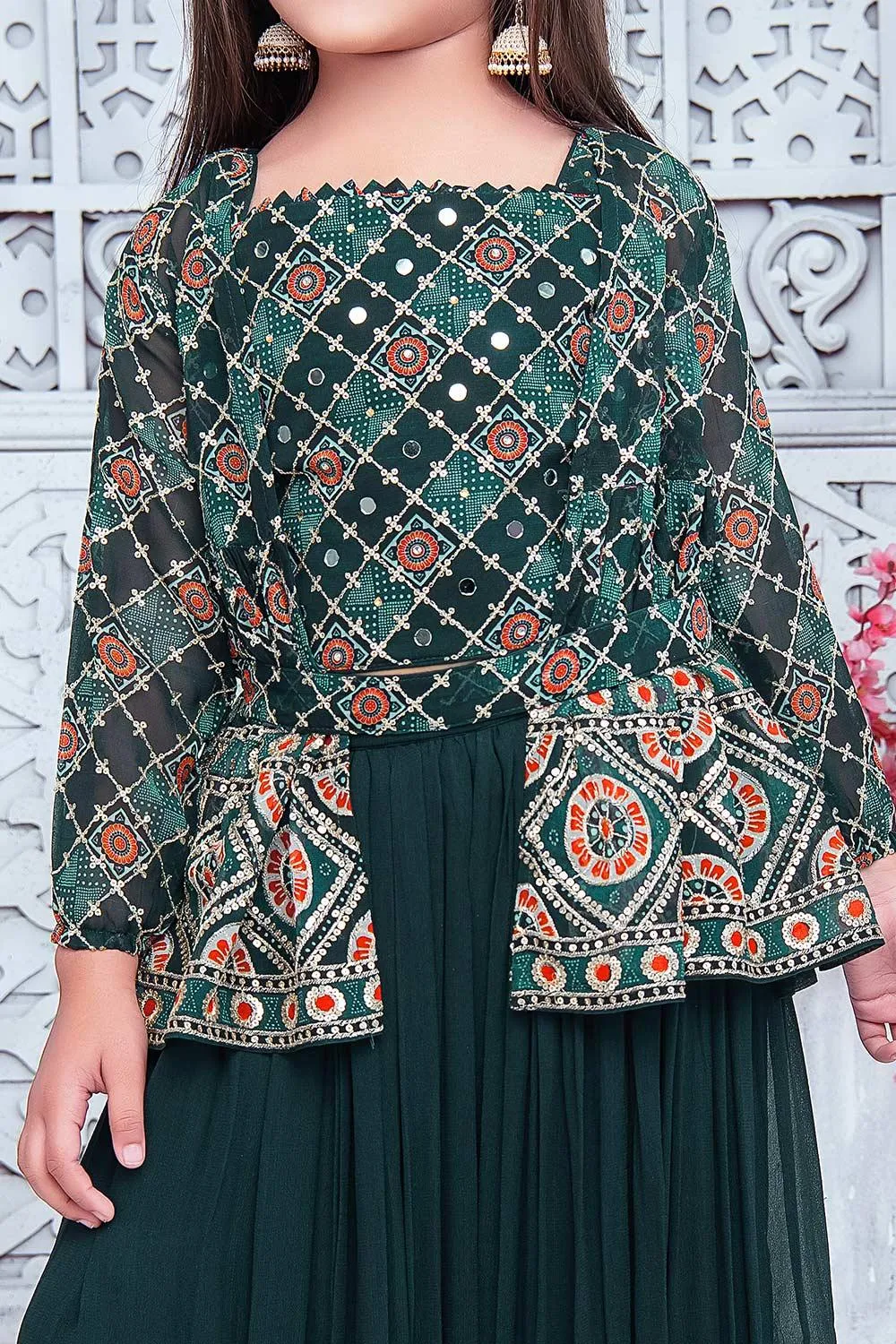Premium forest green palazzo set with shrug and belt