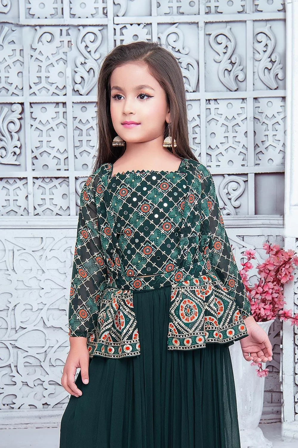 Premium forest green palazzo set with shrug and belt