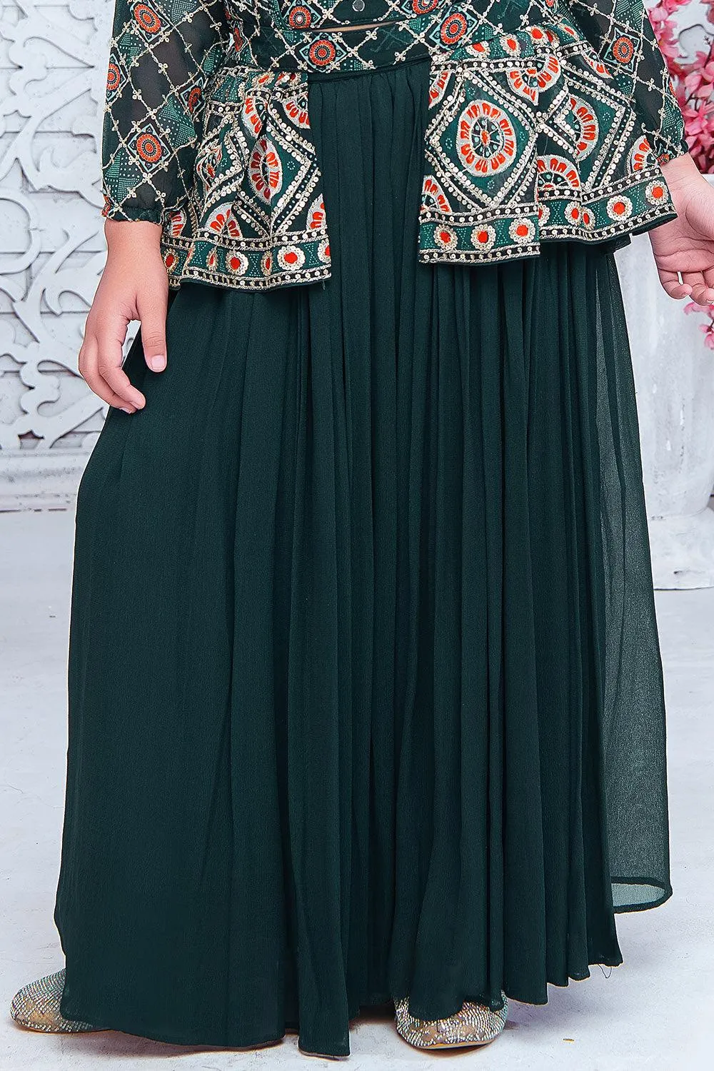 Premium forest green palazzo set with shrug and belt