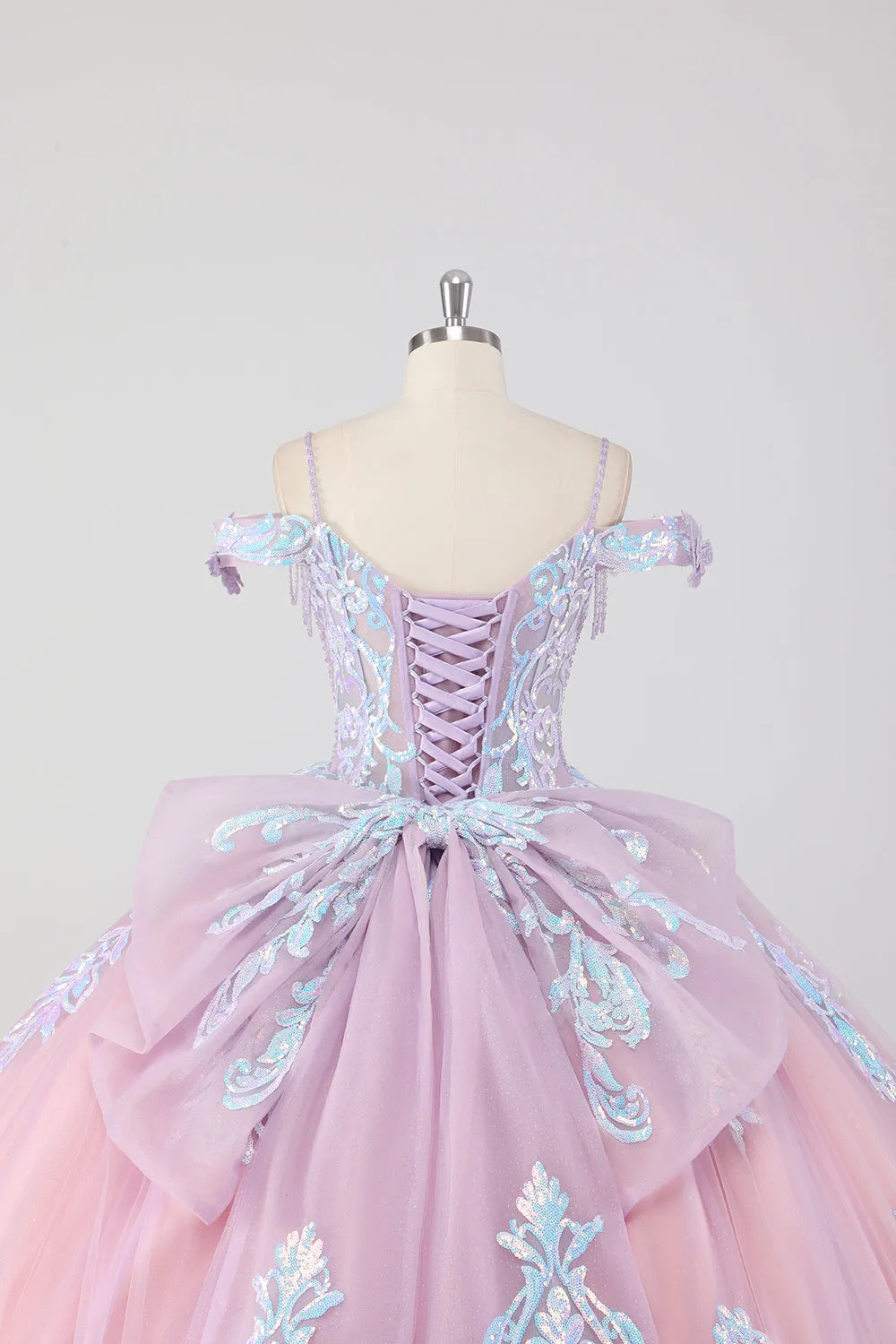 Princess Blush Pink Off the Shoulder Sequined Rhinestones Tulle Quinceanera Dress with Bow