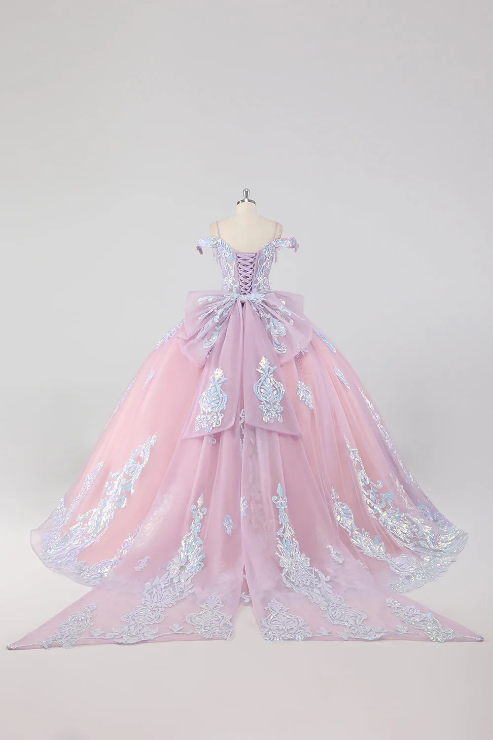 Princess Blush Pink Off the Shoulder Sequined Rhinestones Tulle Quinceanera Dress with Bow