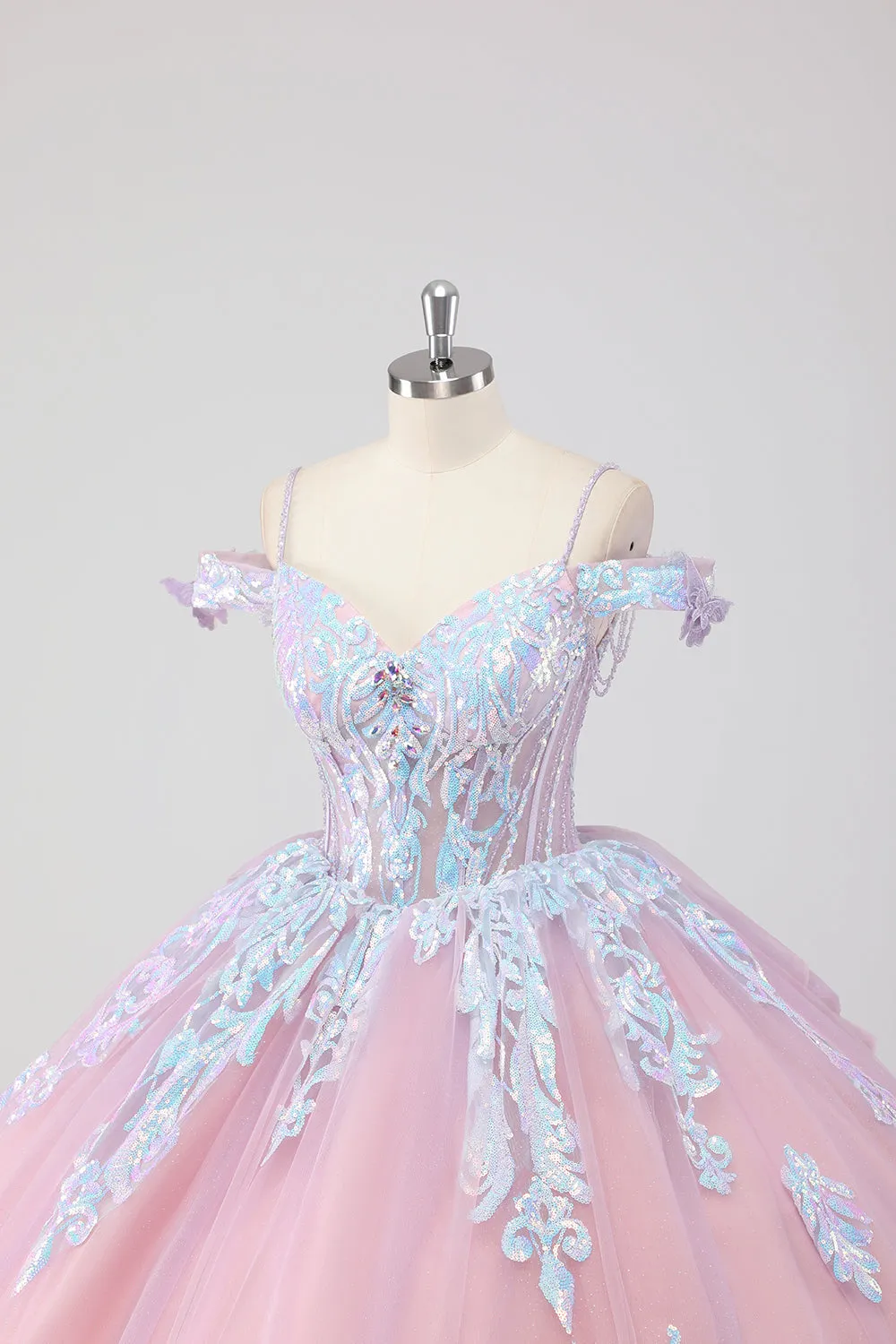 Princess Blush Pink Off the Shoulder Sequined Rhinestones Tulle Quinceanera Dress with Bow