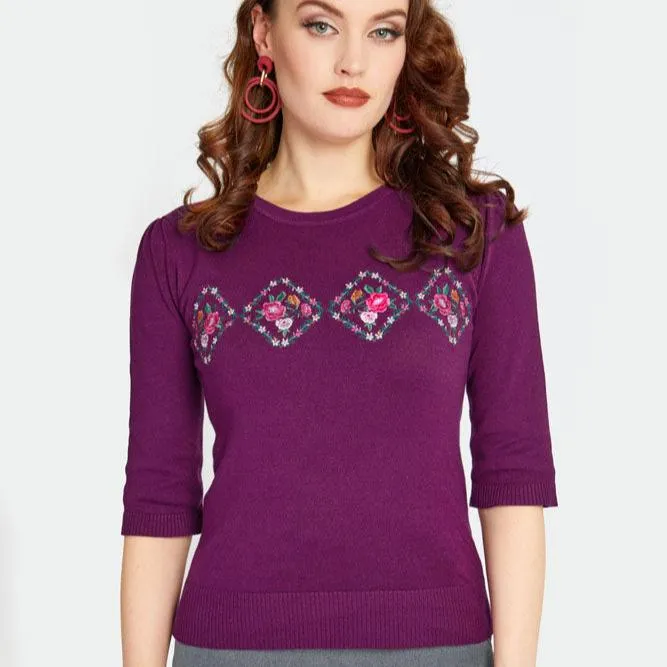 Purple Floral Half Sleeve Sweater