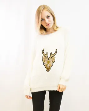 Reindeer patch embroidered fluffy jumper