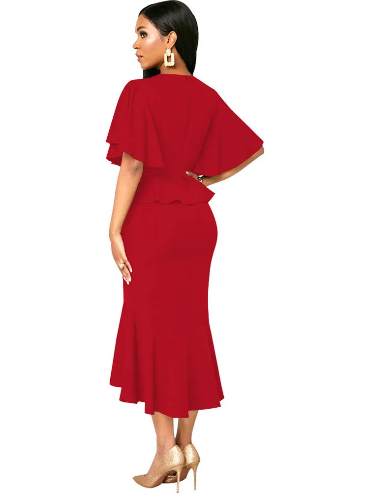 Ruffle Short Sleeve Bodycon Midi Dresses