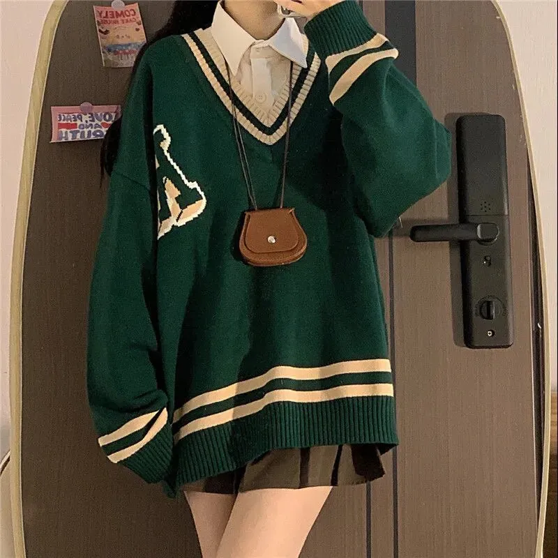 Rugby Striped Green Oversize Sweater  Women Harajuku Preppy Fashion Blue V-neck Long Sleeve Jumper Female Tops