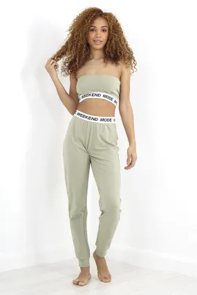 SAGE GREEN ELASTICATED BANDEAU AND JOGGER LOUNGE SET