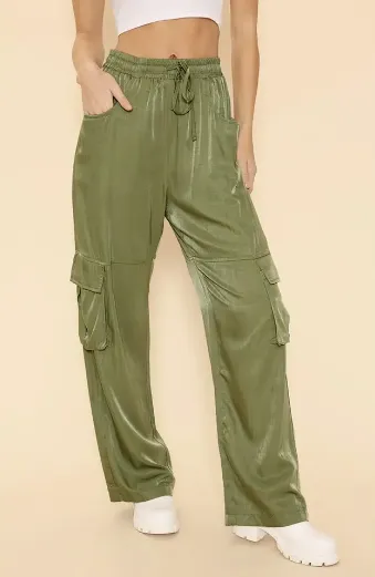 Satin Cargo Wide Leg  Pants OLIVE