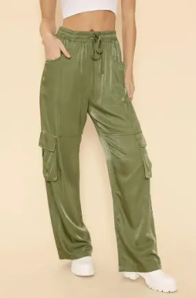 Satin Cargo Wide Leg  Pants OLIVE
