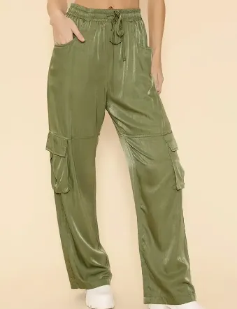 Satin Cargo Wide Leg  Pants OLIVE