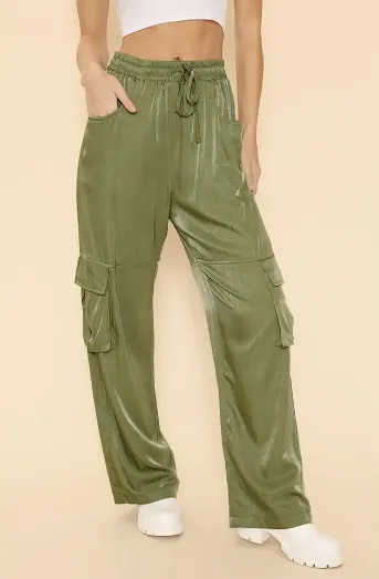 Satin Cargo Wide Leg  Pants OLIVE
