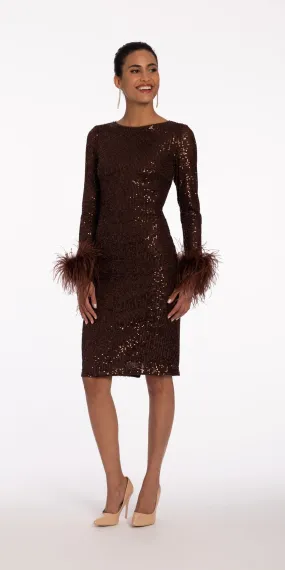 Scoop Neck Sequin Long Sleeve Dress with Feather Cuff