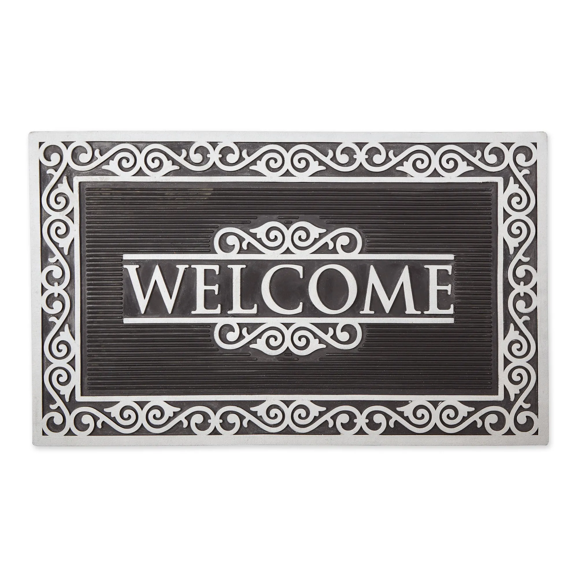 Silver Painted Welcome Scroll Border Rubber Doormat