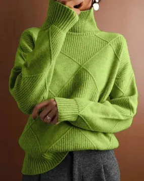 Simple solid color diamond pattern elegant turtleneck sweater