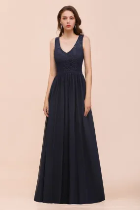 Sleeveless Black A-line Evening Maxi Dress Chiffon Bridesmaid Dress Formal Dress