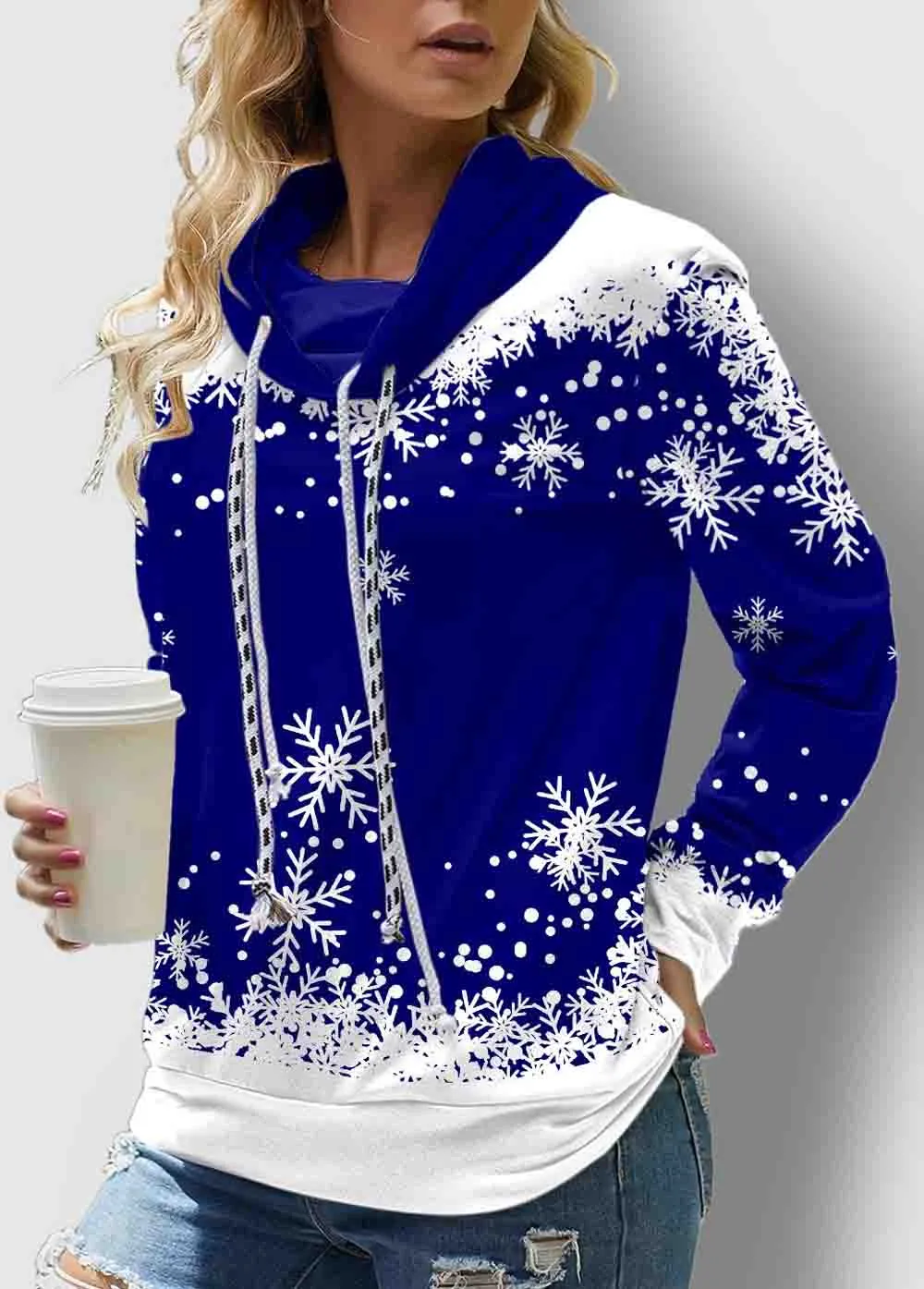 Snowflake Print Drawstring Sweatshirt