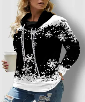 Snowflake Print Drawstring Sweatshirt