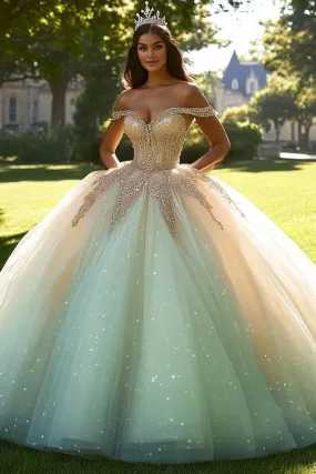 Sparkly Champagne Ball Gown Off the Shoulder Tulle Quinceanera Dress with Beading
