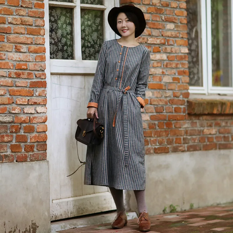 Stripe Women Linen Dresses Long Sleeves Women Dresses WC961843