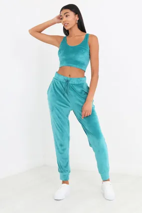 TEAL CROPPED VEST AND JOGGERS VELOUR LOUNGEWEAR SET