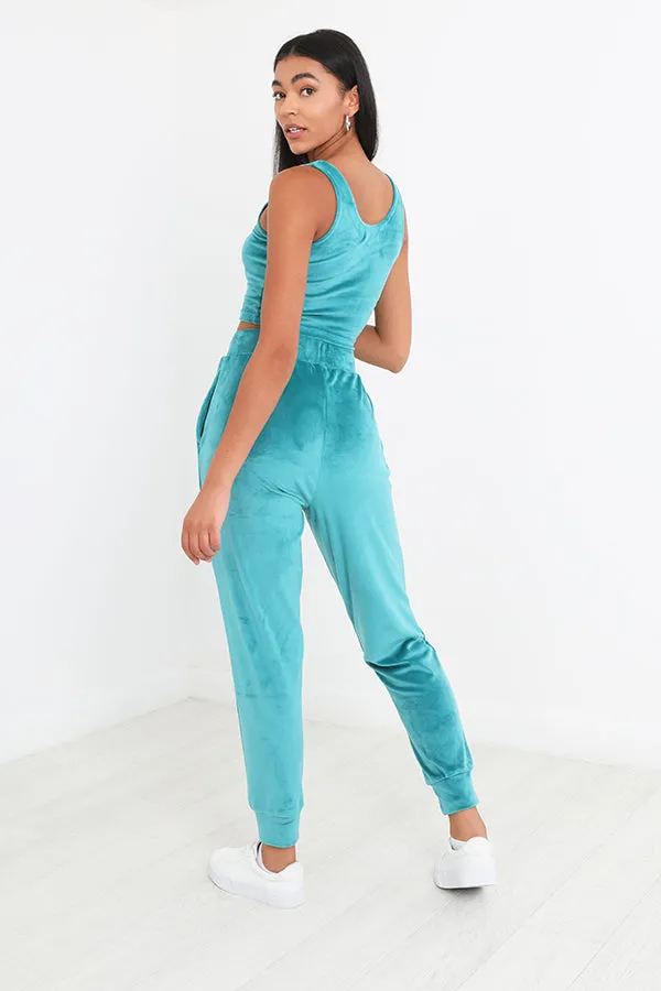 TEAL CROPPED VEST AND JOGGERS VELOUR LOUNGEWEAR SET