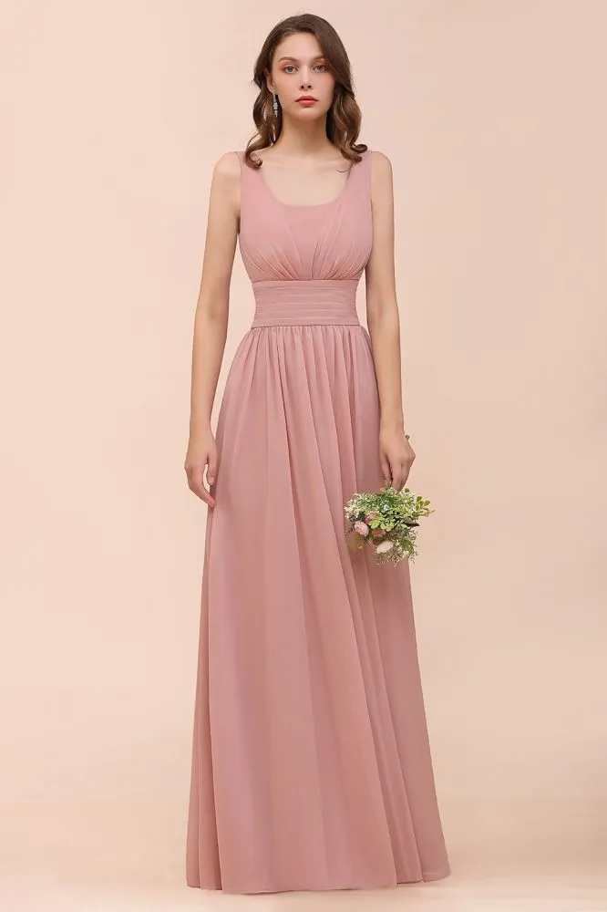 U-Neck High Waist Bridesmaid Dress Long Chiffon Formal Party Dress
