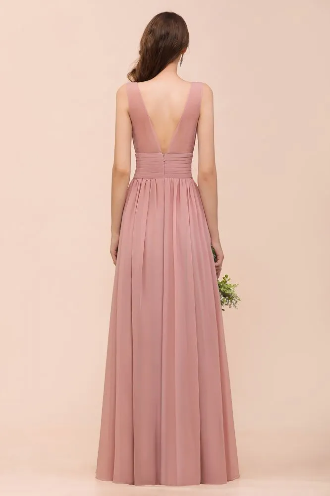 U-Neck High Waist Bridesmaid Dress Long Chiffon Formal Party Dress