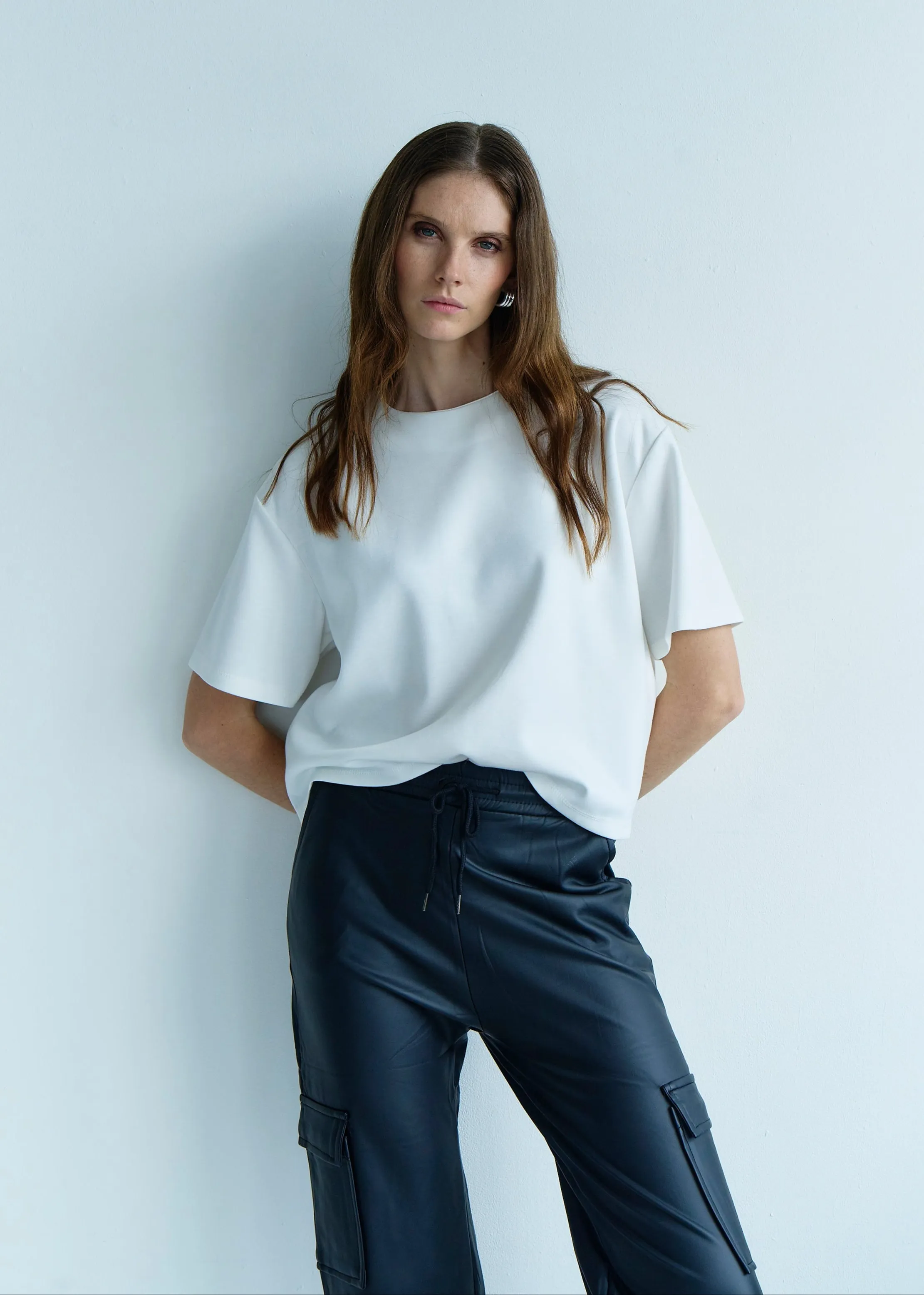 Vegan Leather Cargo Palazzo Pants in Black