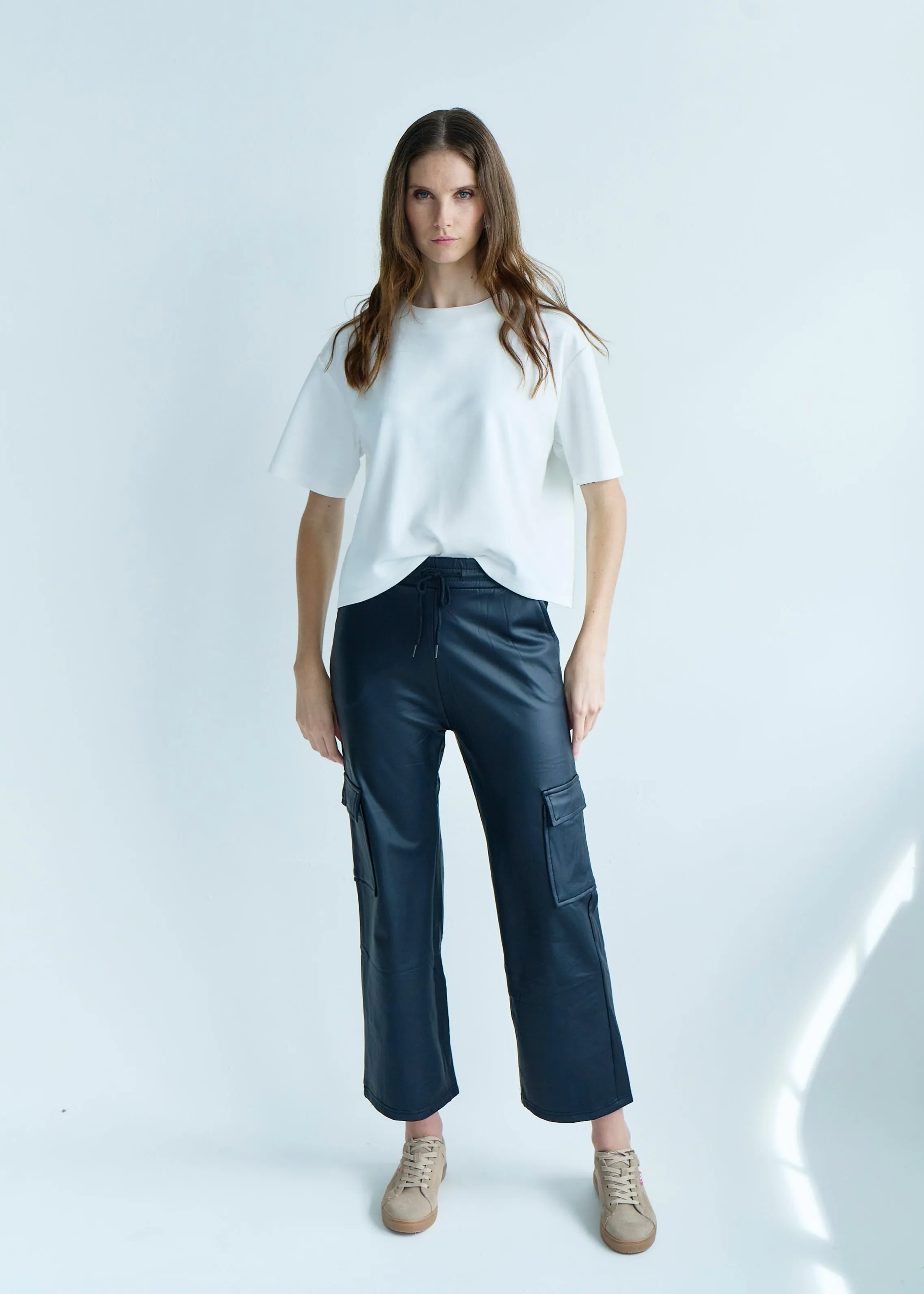 Vegan Leather Cargo Palazzo Pants in Black