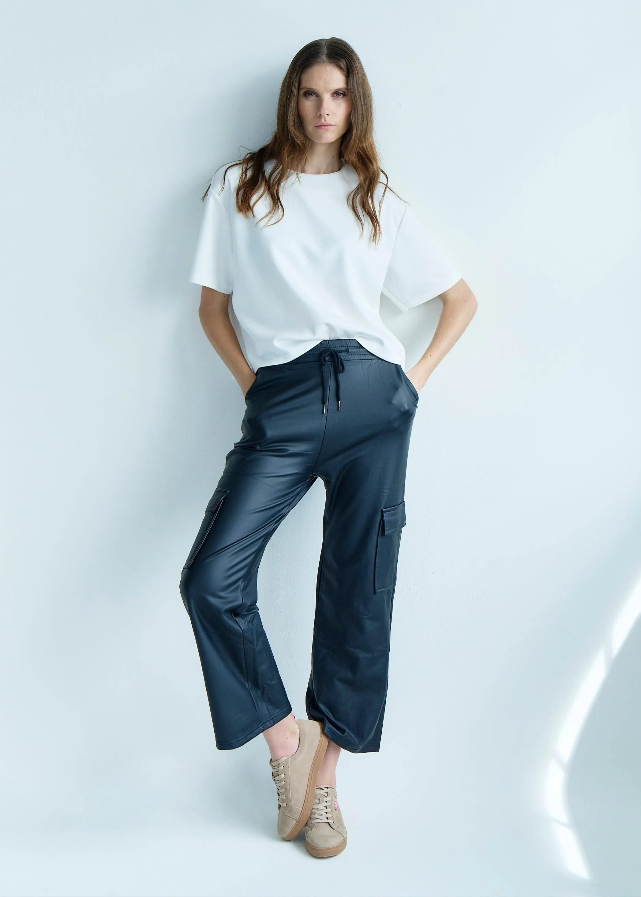 Vegan Leather Cargo Palazzo Pants in Black