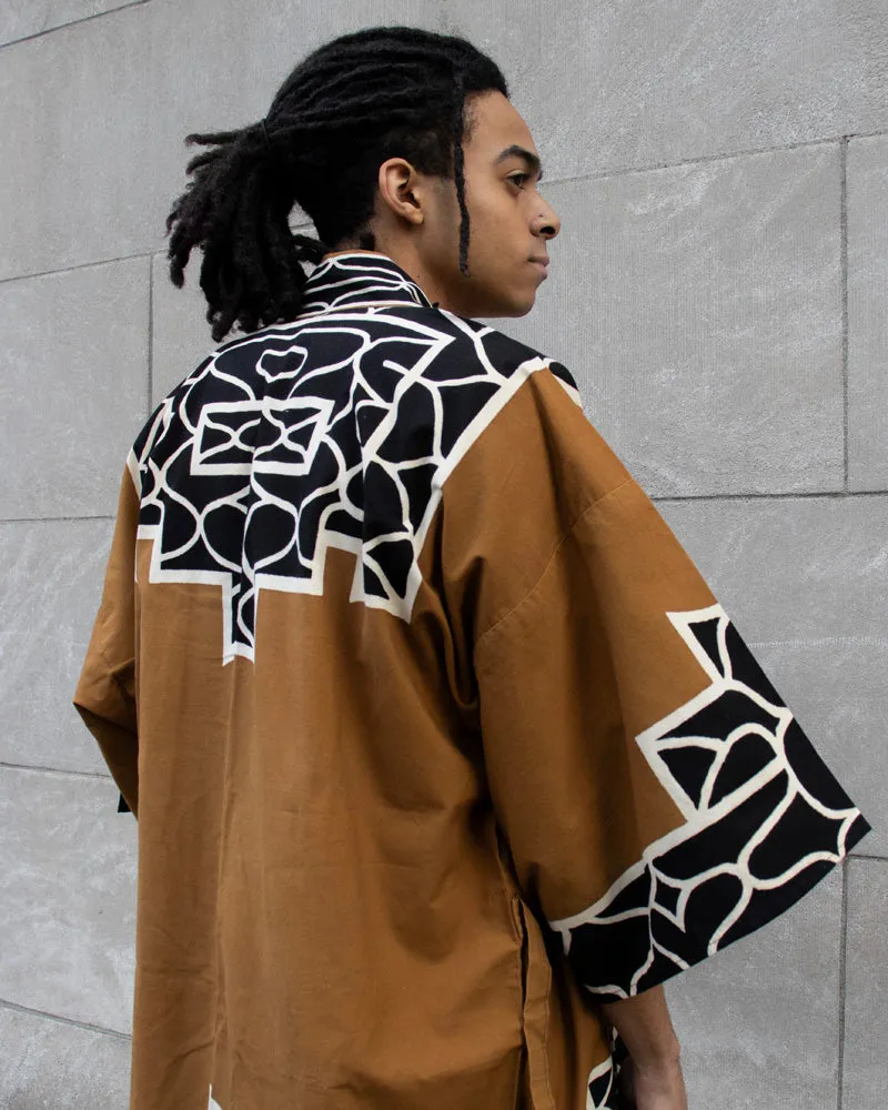 Vintage Ainu Robe, Long, Brown with Black and White Patterns