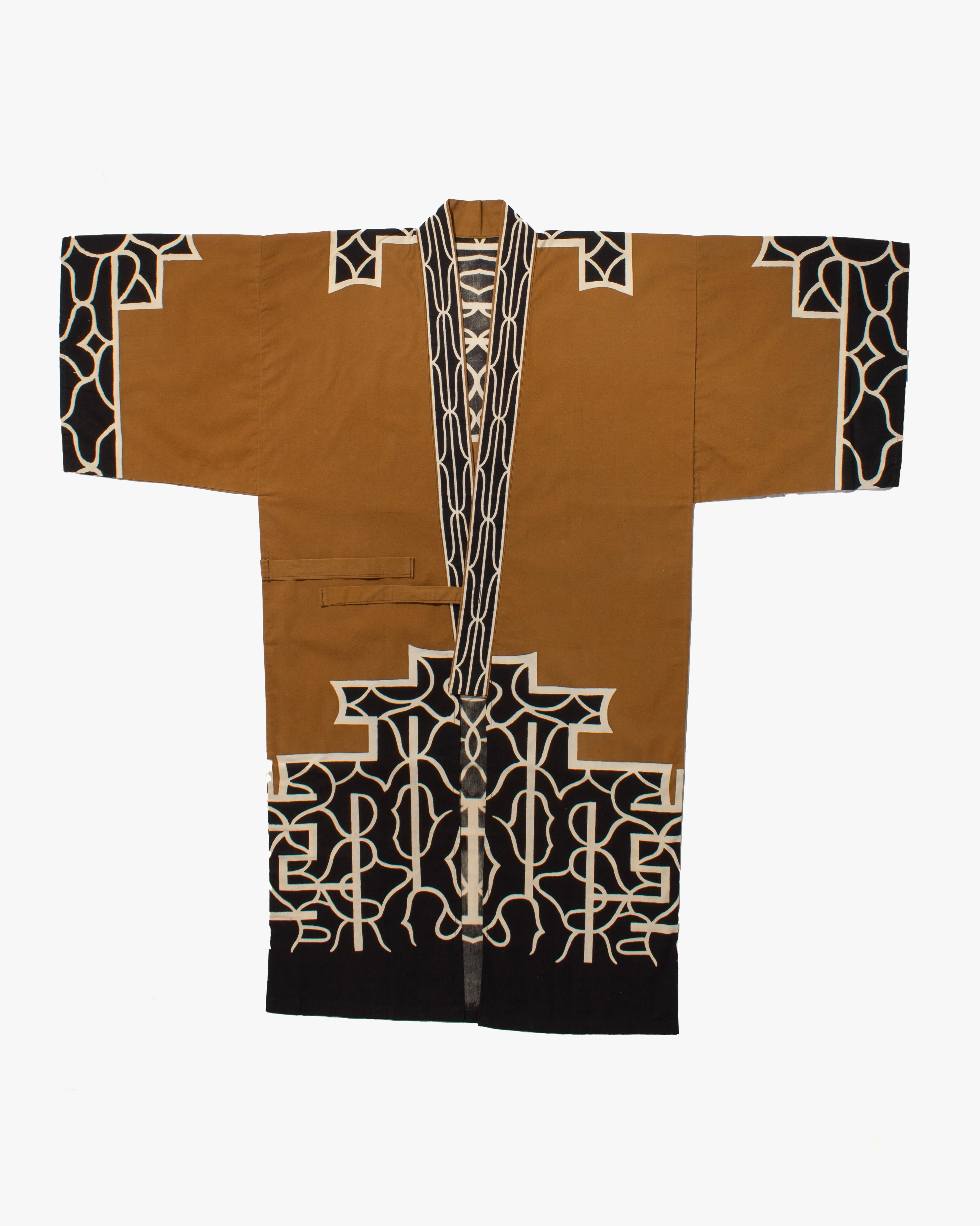 Vintage Ainu Robe, Long, Brown with Black and White Patterns