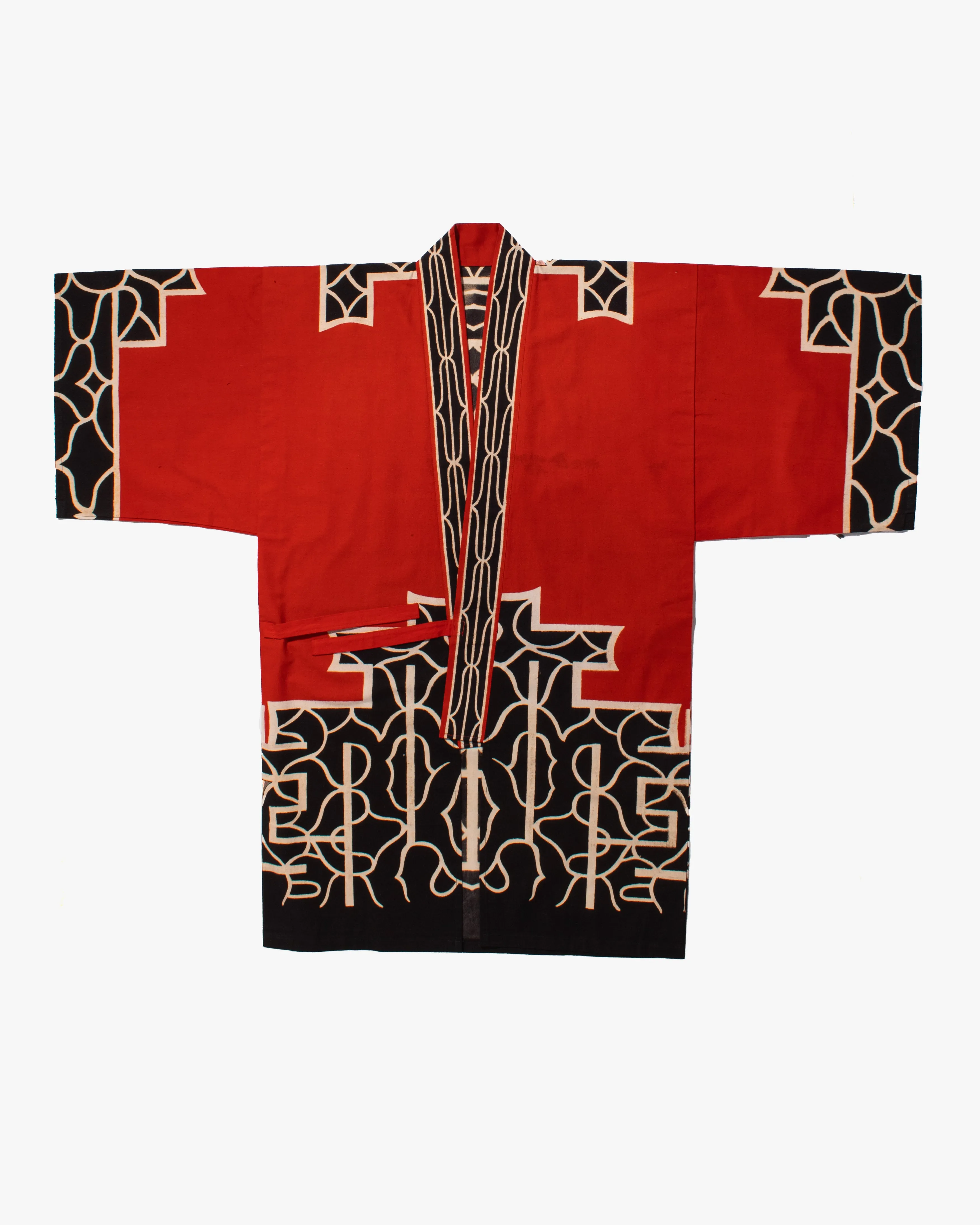 Vintage Ainu Robe, Long, Red with Black and White Patterns