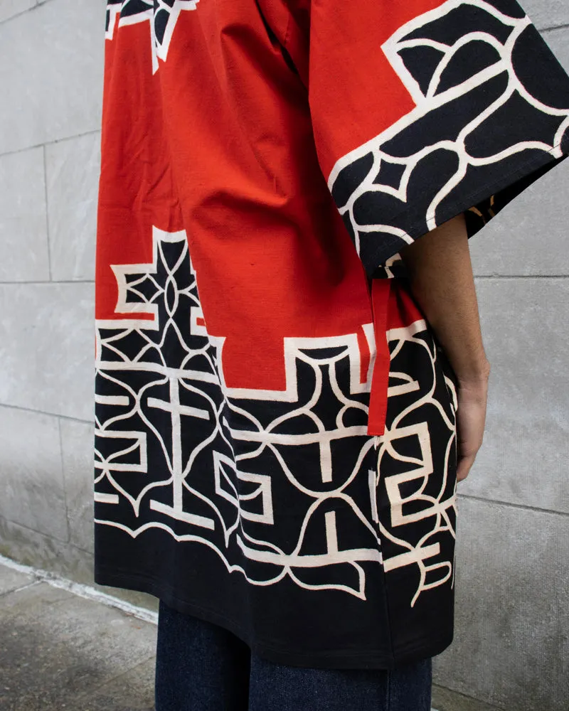 Vintage Ainu Robe, Long, Red with Black and White Patterns