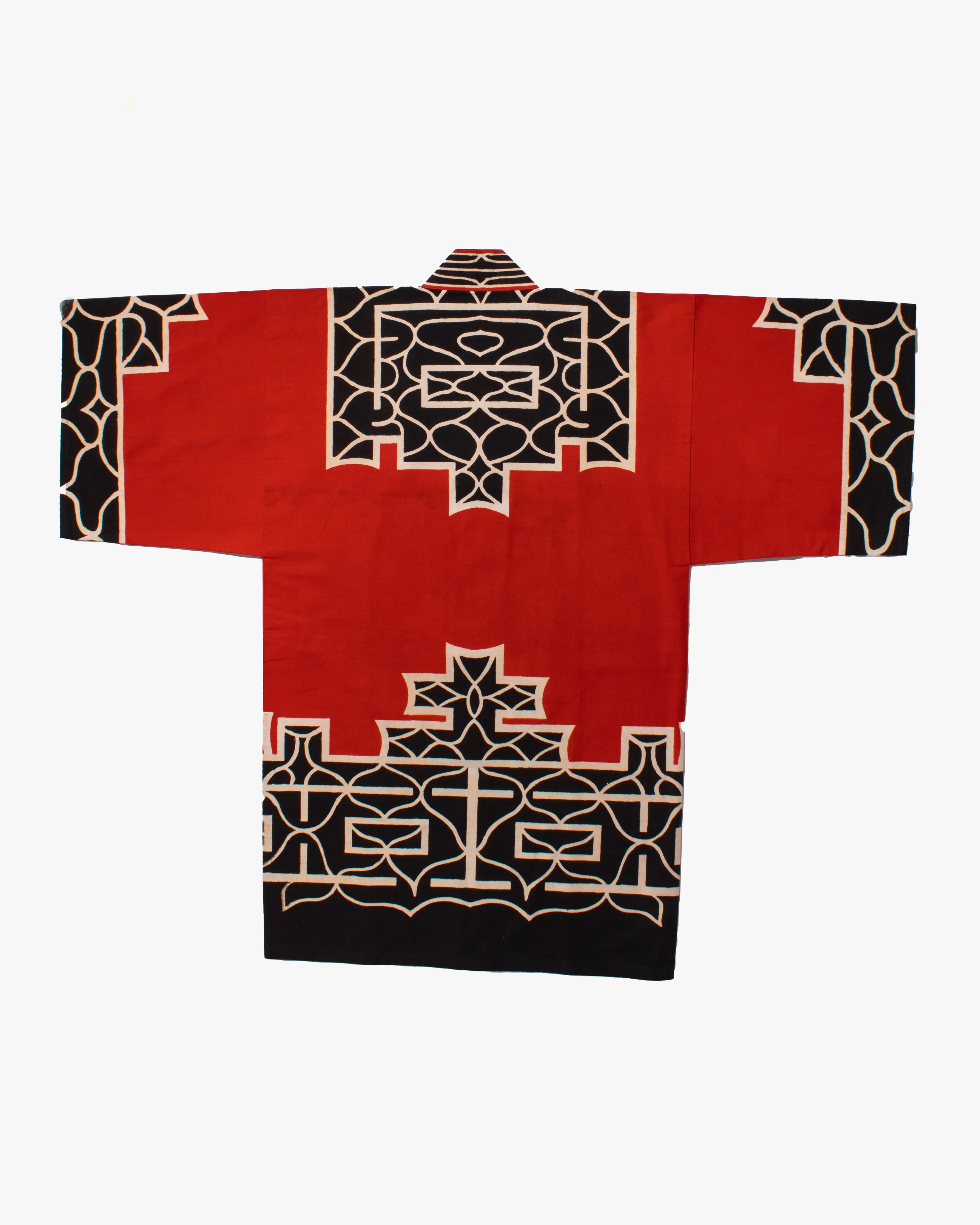 Vintage Ainu Robe, Long, Red with Black and White Patterns