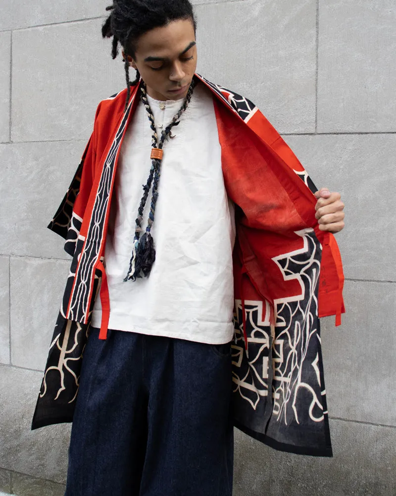 Vintage Ainu Robe, Long, Red with Black and White Patterns