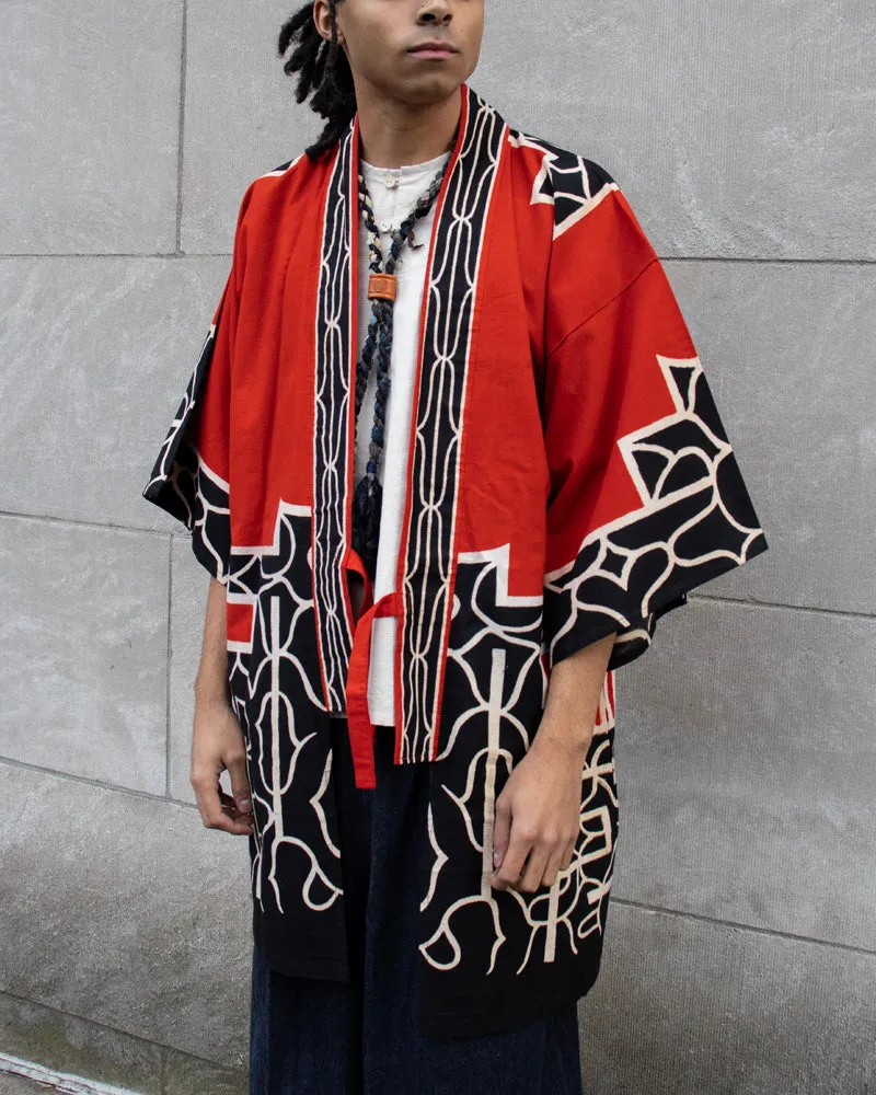 Vintage Ainu Robe, Long, Red with Black and White Patterns