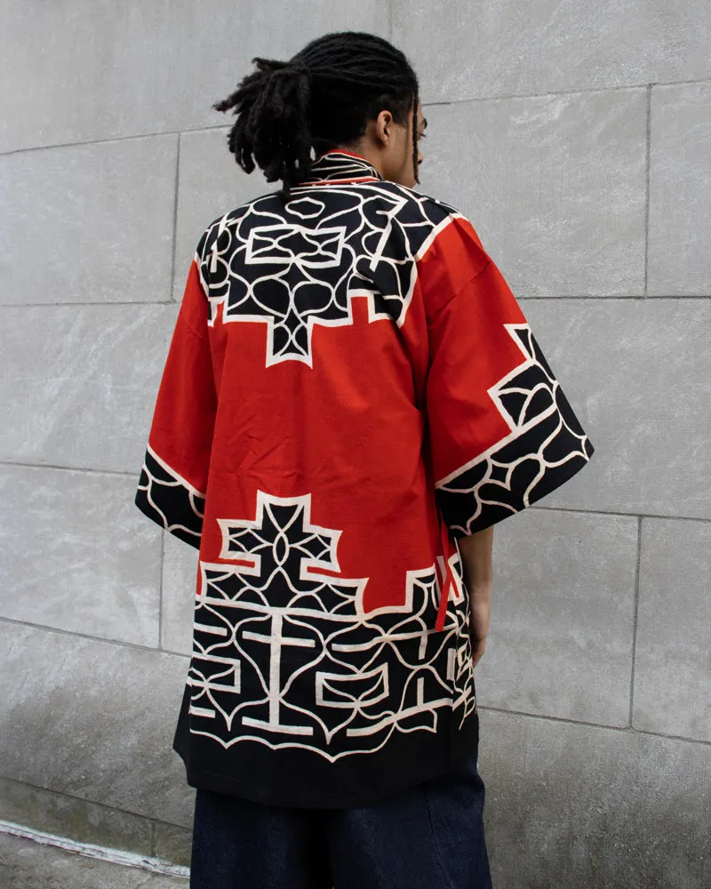 Vintage Ainu Robe, Long, Red with Black and White Patterns