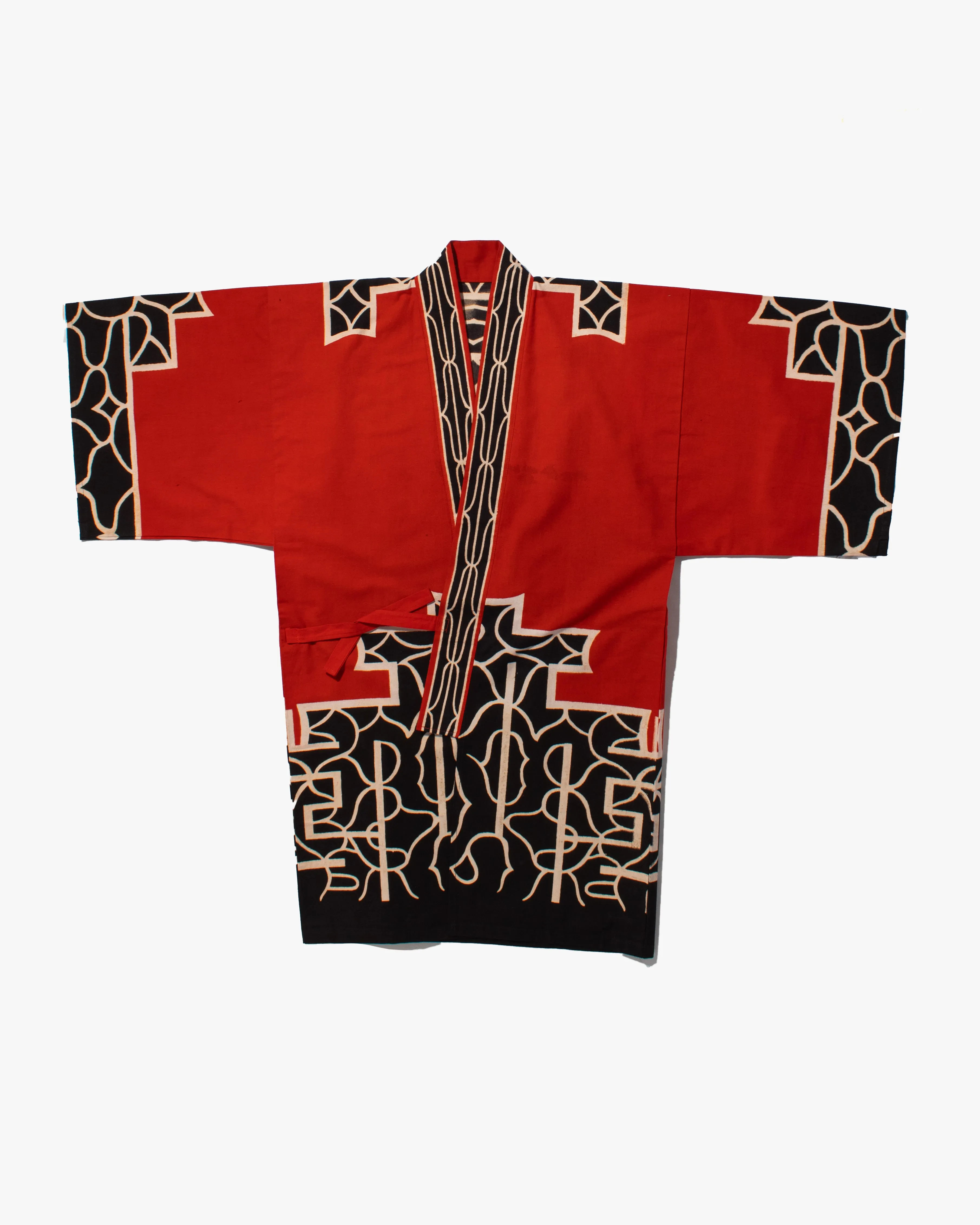 Vintage Ainu Robe, Long, Red with Black and White Patterns