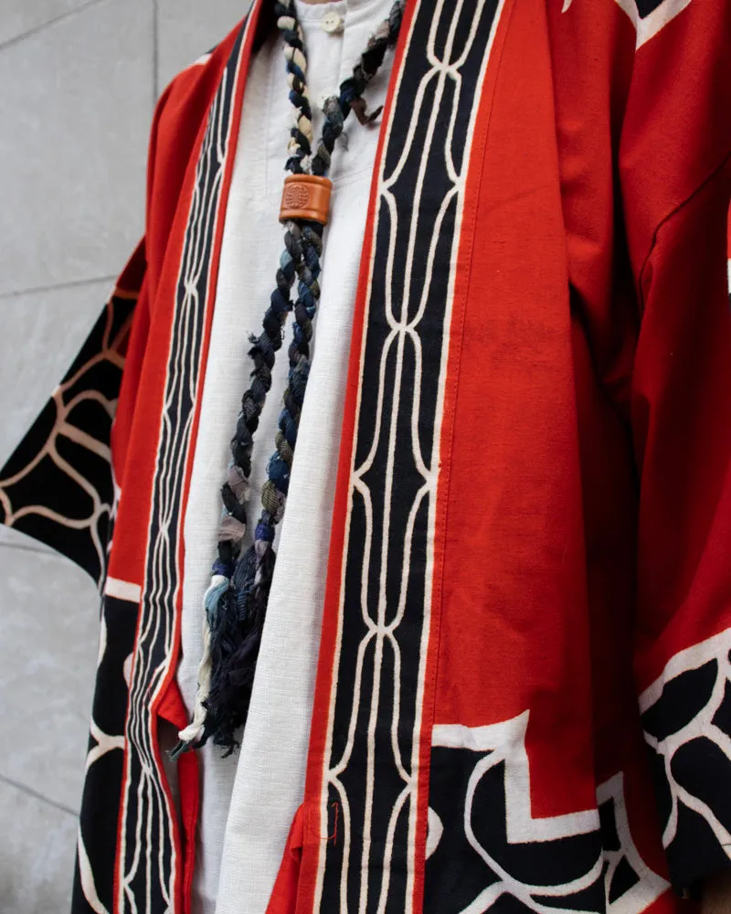 Vintage Ainu Robe, Long, Red with Black and White Patterns