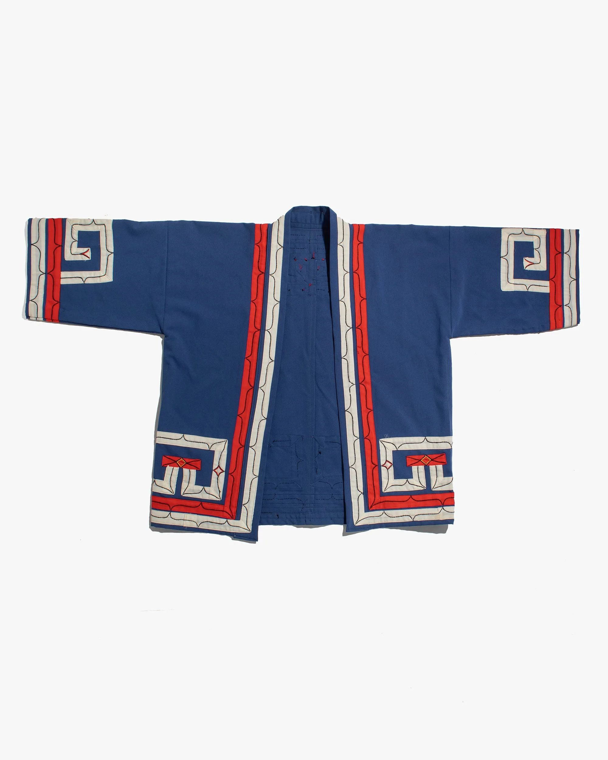 Vintage Ainu Robe, Short, Blue with Red and White Patterns