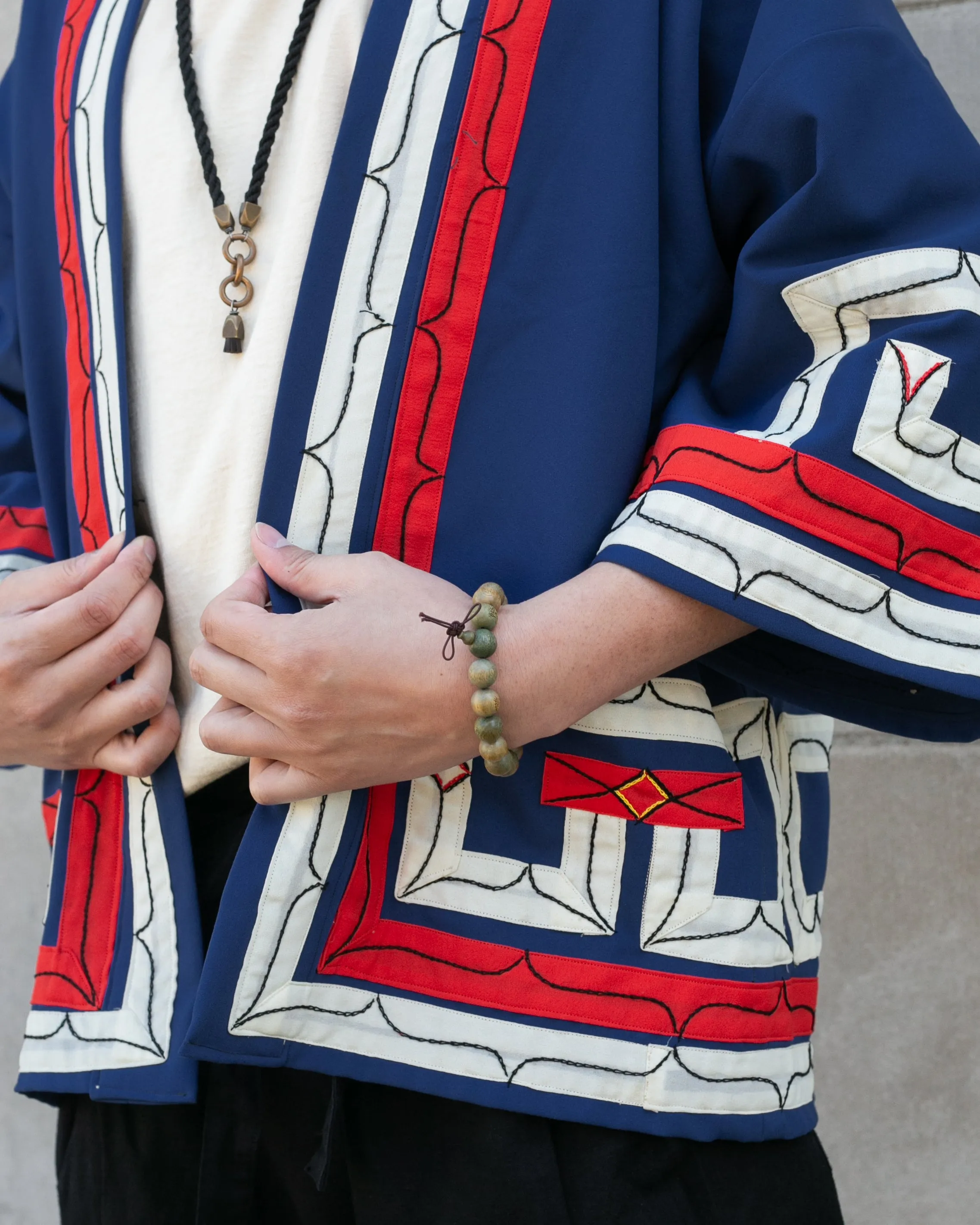 Vintage Ainu Robe, Short, Blue with Red and White Patterns