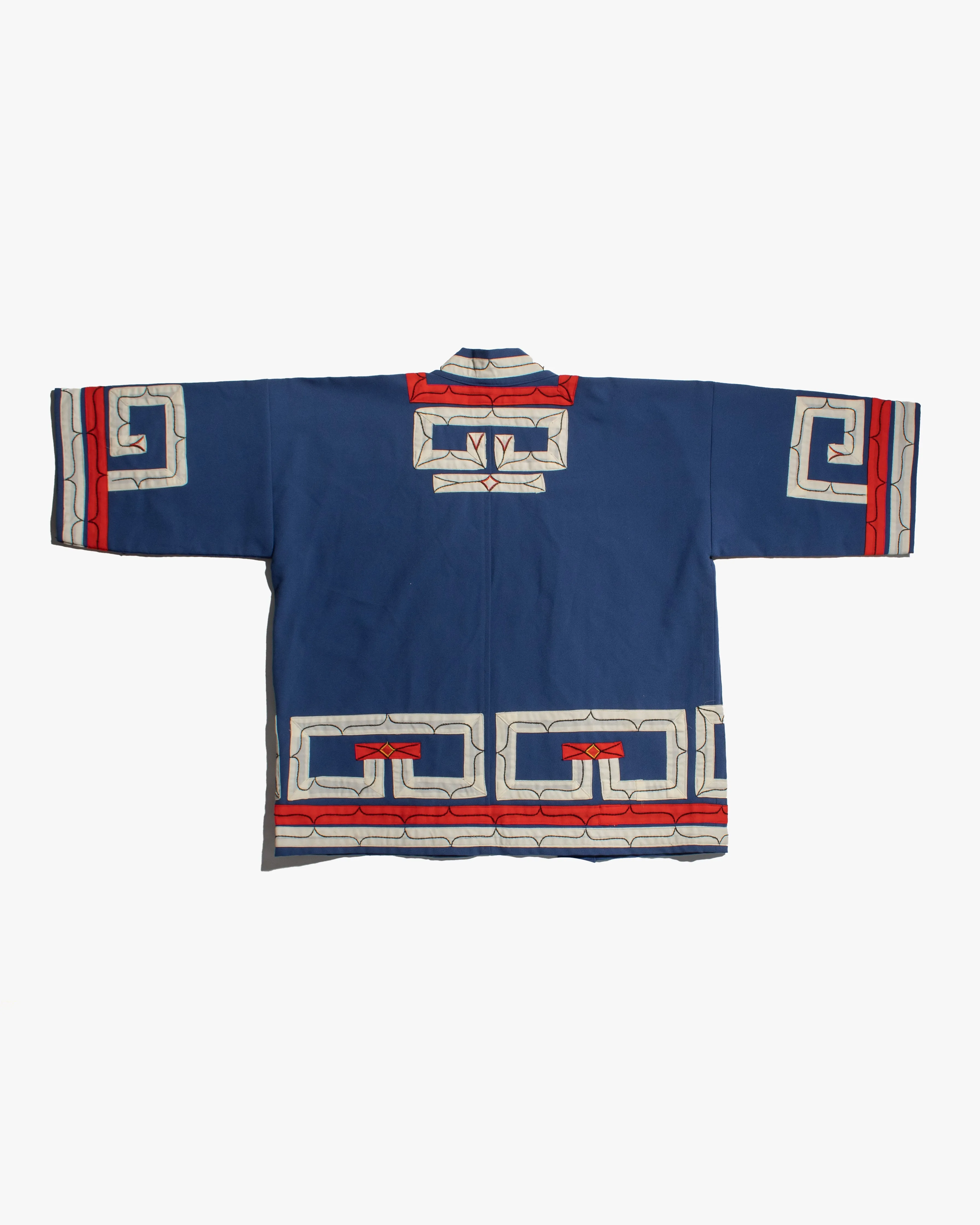 Vintage Ainu Robe, Short, Blue with Red and White Patterns