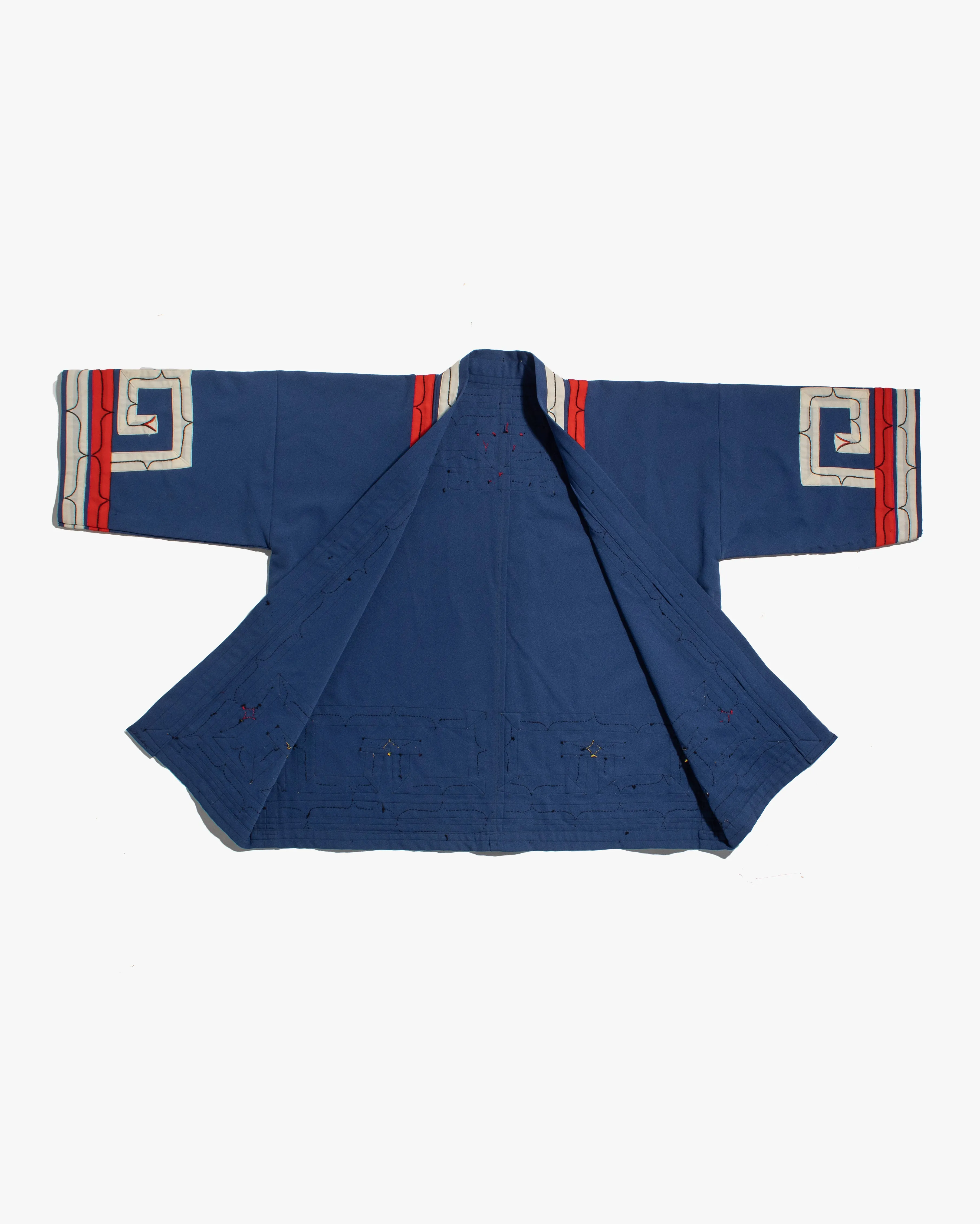 Vintage Ainu Robe, Short, Blue with Red and White Patterns