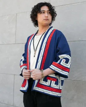 Vintage Ainu Robe, Short, Blue with Red and White Patterns